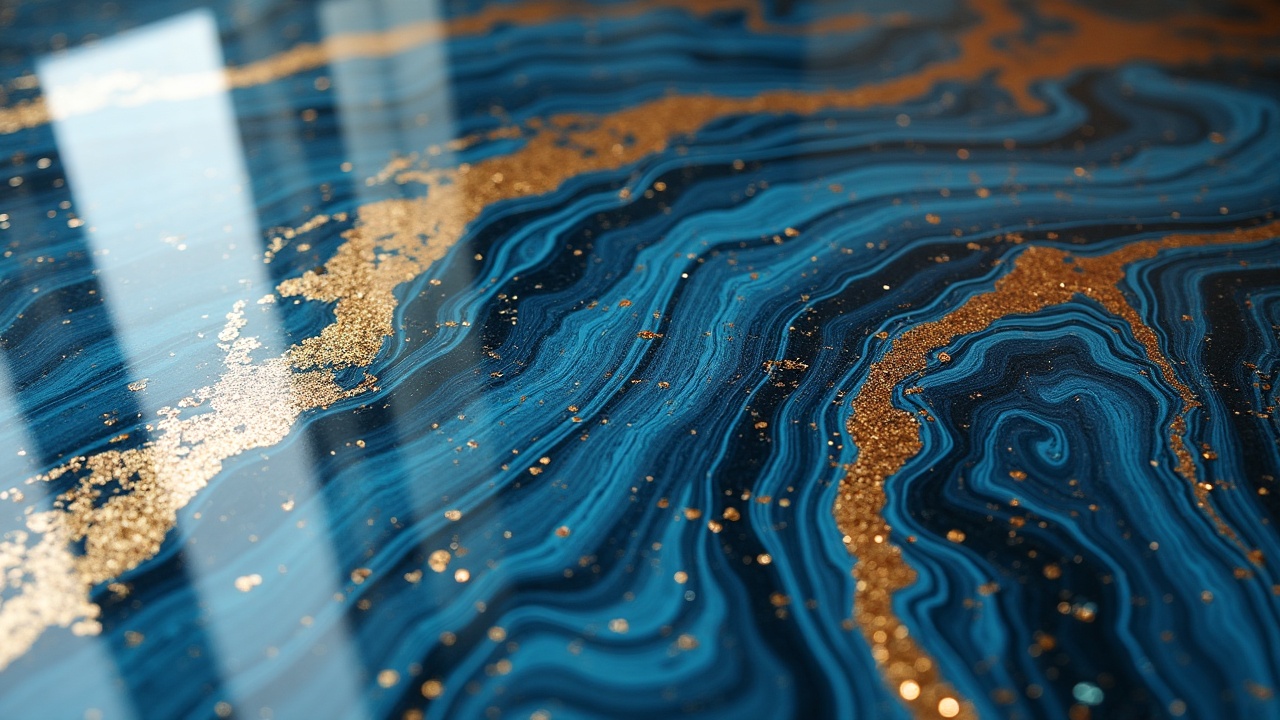 Decorative metallic epoxy floor with blue and gold swirls
