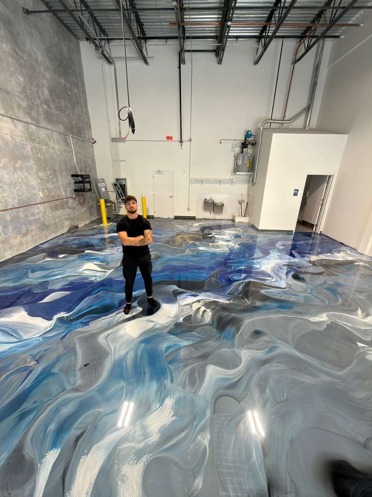 Blue metallic epoxy commercial floor by EK Epoxy